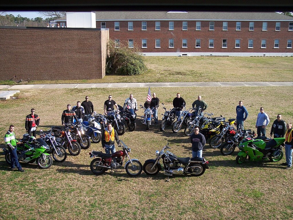 Marines from the 2nd Combat Engineer Battalion motorcycle club take a group photo Feb