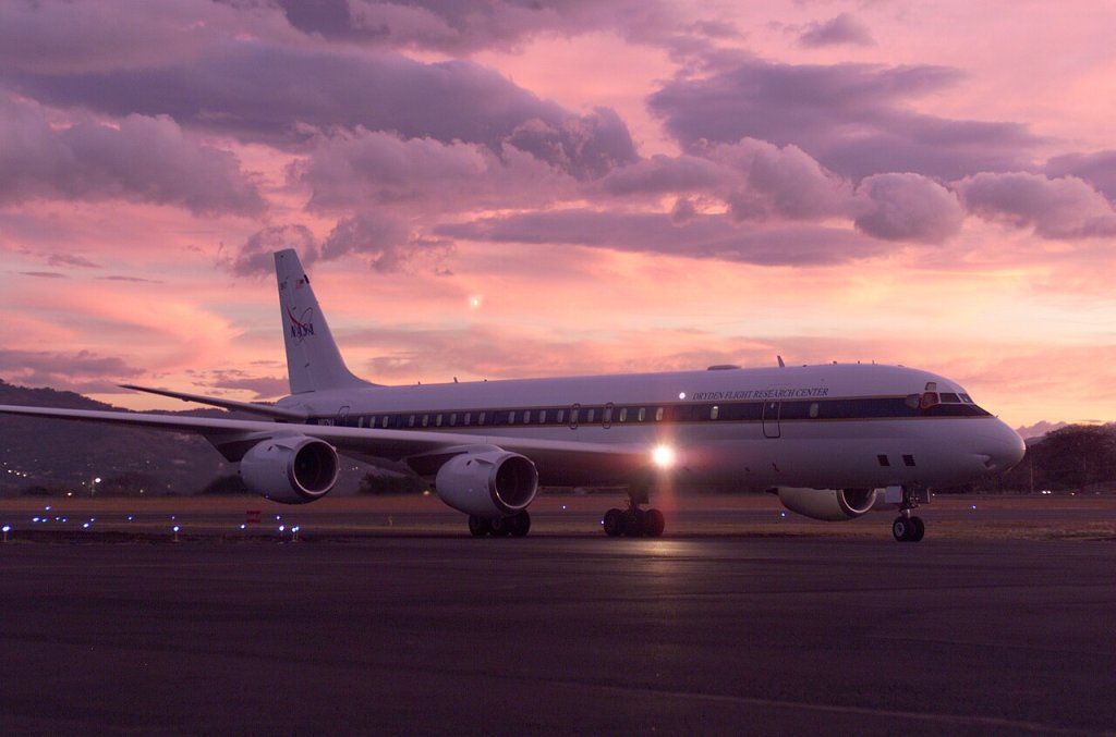 NASA's DC-8 flying laboratory seen at sunset after a flight supporting the AirSAR 2004 Mesoameric...