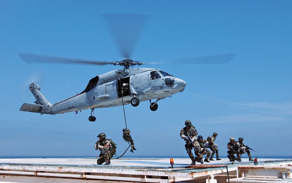 United States Navy SEALs train on a California oil platform