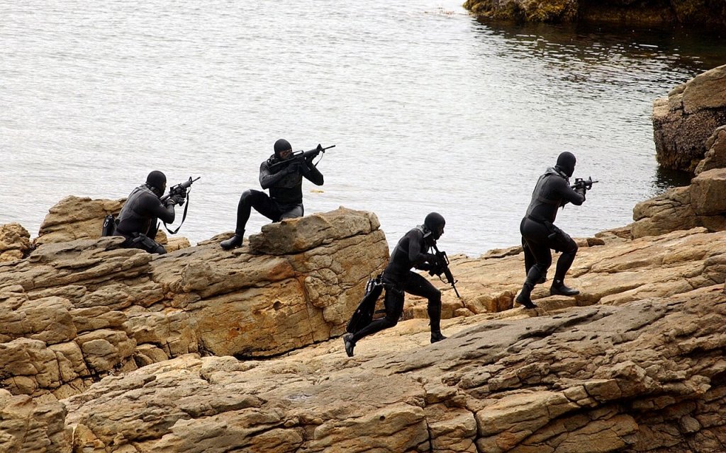 Navy SEALs practice Over The Beach evolutions during a training exercise