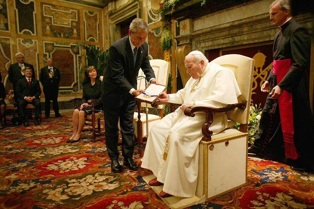 President George W Bush presents the Medal of Freedom to Pope John Paul II
