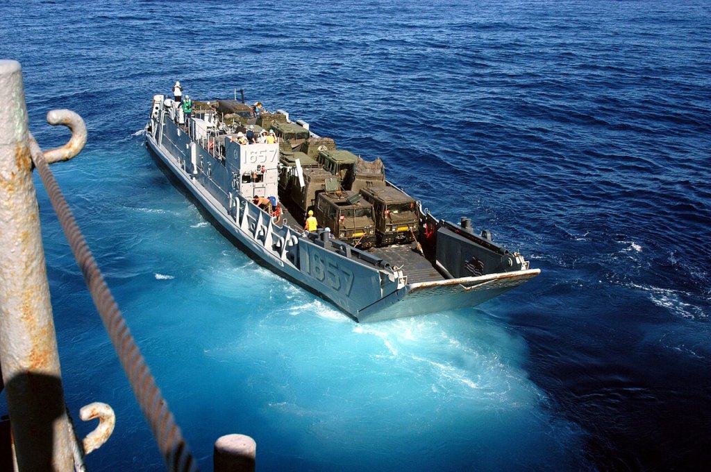 Landing Craft Unit (LCU) 1657 departs the well deck of the amphibious assault ship USS Nassau
