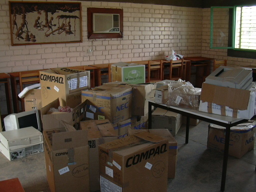 2004, unpacking second-hand computers from France, at CIJEF in Ouagadougou