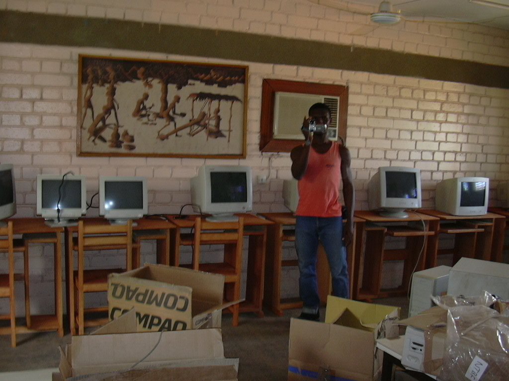 2004, unpacking second-hand computers from France, at CIJEF in Ouagadougou