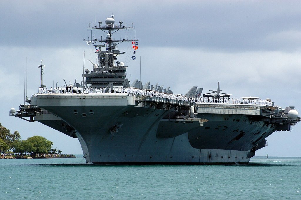 Sailors "man the rails" aboard the Nimitz-class aircraft carrier USS John C