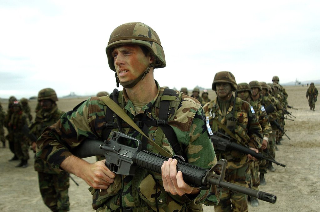 Marines from Argentina line up in formation alongside U.S