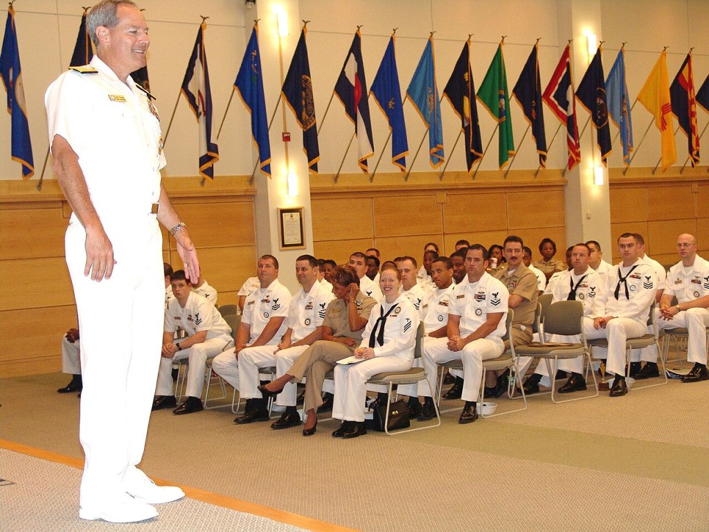 Rear Admiral Jeffrey Fowler, Commander, Navy Recruiting Command, speaks at an all-hands call to m...