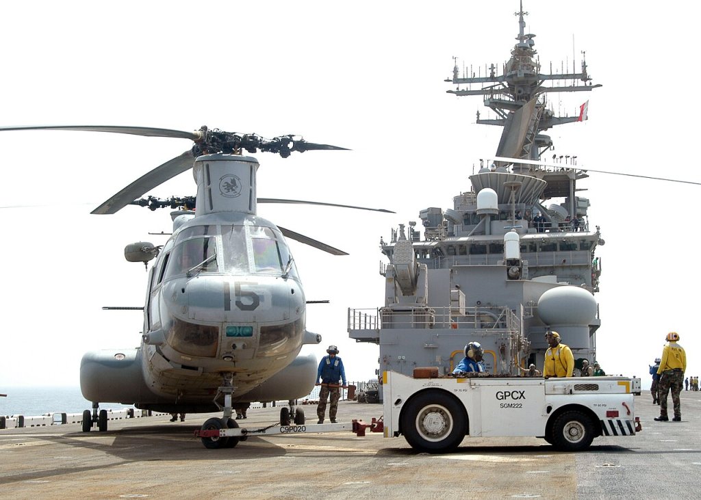 A CH-46 Sea Knight helicopter assigned to the "Fighting Griffins" of Marine Helicopter Medium...