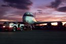 NASA's DC-8 flying laboratory seen at sunset after a flight supporting the AirSAR 2004 Mesoameric...